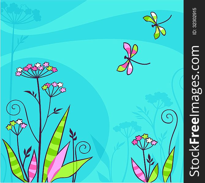 Background - fresh summers day, flowers and dragonflies