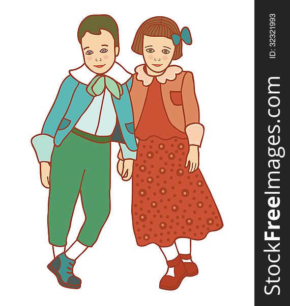 Hand drawn illustration of boy and girl in green and orange retro costume