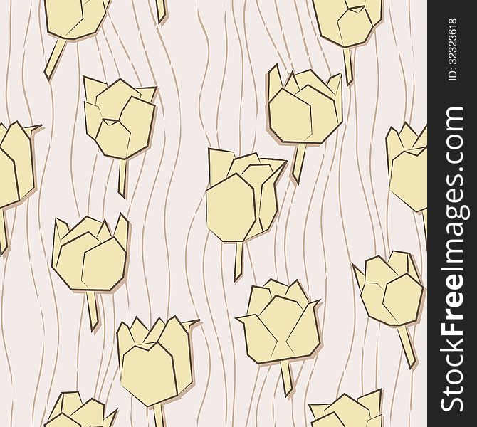 Seamless pattern with paper tulips. Stylized tulips. Vector endless pattern in pale colors.