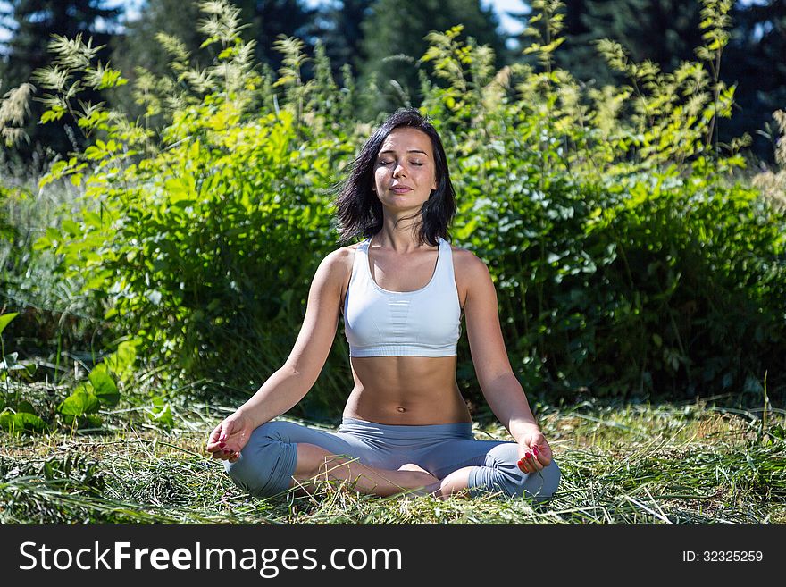 Girl doing yoga outdoor with closed eyes, ladscape. Girl doing yoga outdoor with closed eyes, ladscape