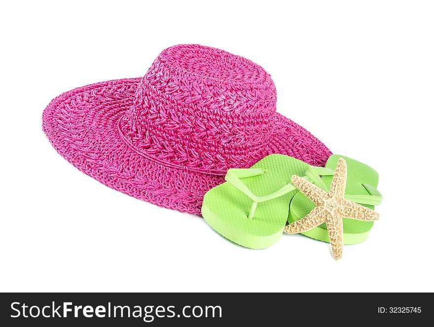 Pink Straw Hat and Lime Green Flip Flops Isolated on White 2