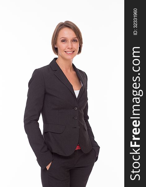 Business woman in suit on white