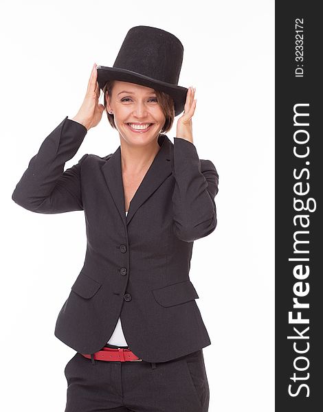 Business woman in suit play with bowler