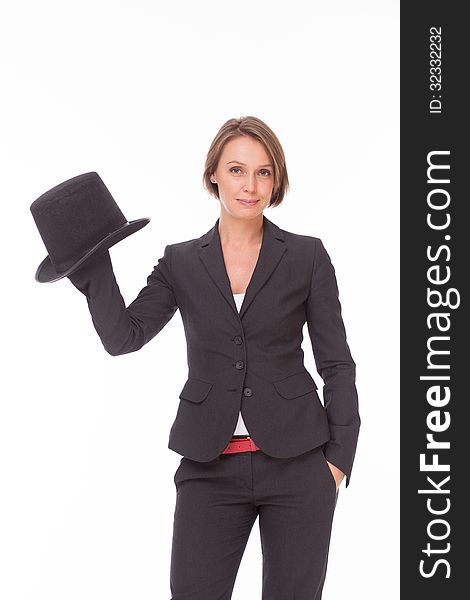 Business woman in suit play with bowler