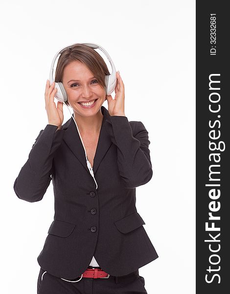 Businesswoman With Earphones On White