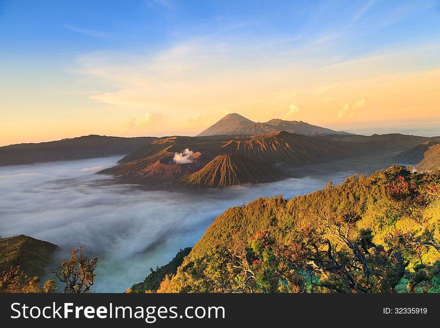 Bromo Mountain in Tengger Semeru National Park at sunrise, East Java, Indonesia