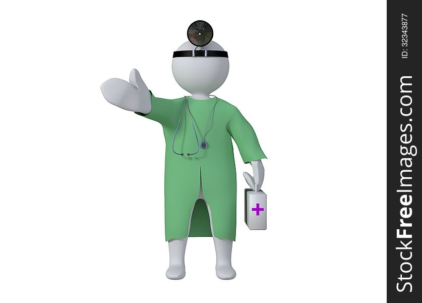 3D men in green overall, with stethoscope.