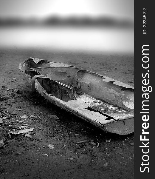 Abandoned ship wreck on the shore of Lake