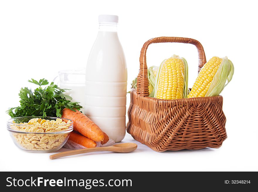 Milk, Cereals And Some Vegetables Isolated