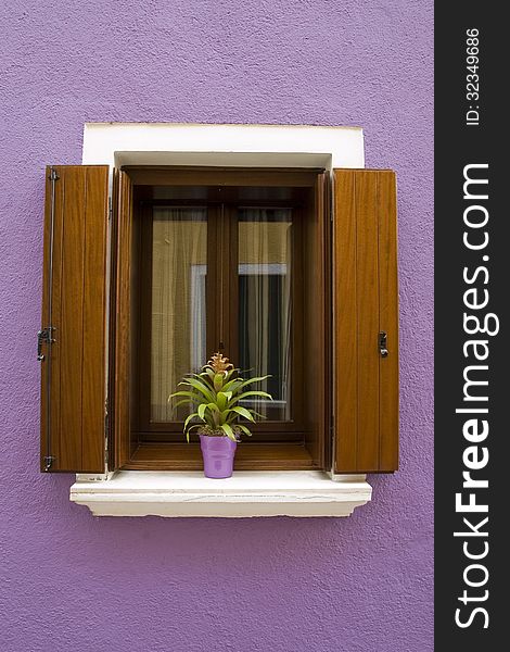 Lilac house with a window with wooden shutters and a plant in pot in Burano near Venice. Lilac house with a window with wooden shutters and a plant in pot in Burano near Venice