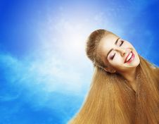 Positive Emotions. Portrait Of Laughing Teen Girl Over Sunny Blue Sky. Jubilance Stock Photo Positive Emotions. Portrait Of Laughing Teen Girl Over Sunny Blue Sky. Jubilance Stock Photo