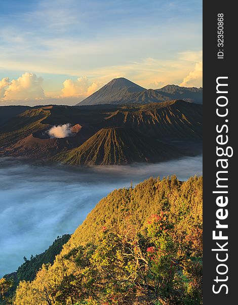 Bromo Mountain in Tengger Semeru National Park at sunrise