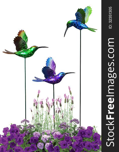 Decorative hummingbirds with purple flower on white background