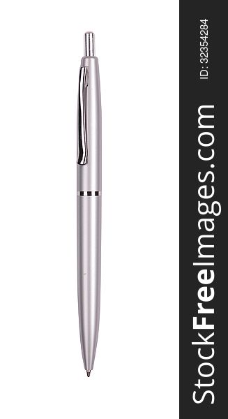 Close up of silver rollerball pen isolated with clipping path on white