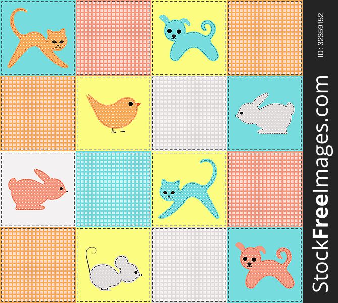 Childrens seamless background with animals and birds from fabric. Childrens seamless background with animals and birds from fabric