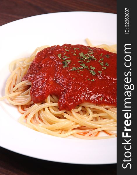 Tomato sauce spaghetti close up