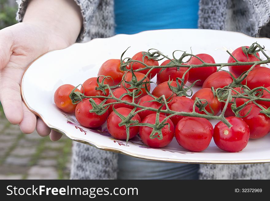 Cherry tomatoes in the hands on a platter