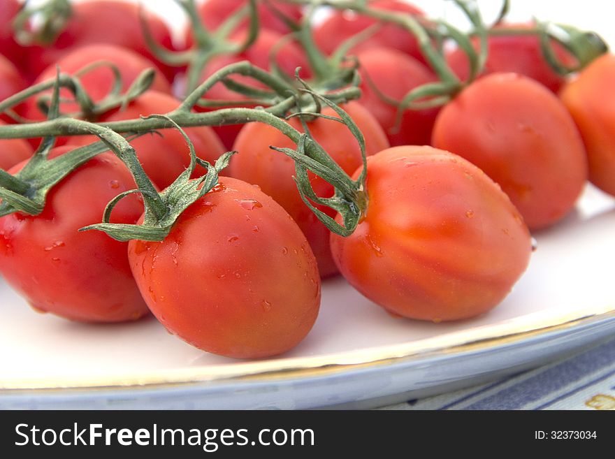 Cherry tomatoes plate tablecloth blue striped flower picture red and green agriculture