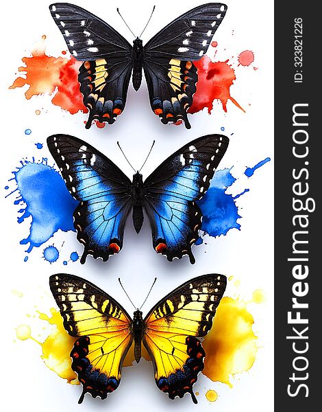 Brightly colored watercolor butterfliy clipart illustration. Three Butterflies resting on white background. Ai Generated graphic. Brightly colored watercolor butterfliy clipart illustration. Three Butterflies resting on white background. Ai Generated graphic.