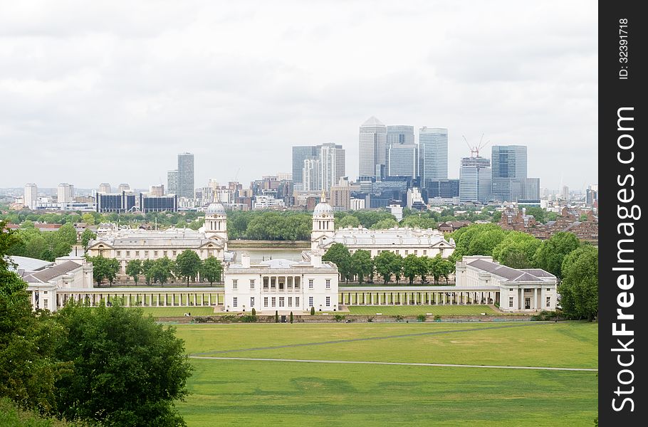 National Maritime Museum, with Canary Wharf in background. National Maritime Museum, with Canary Wharf in background