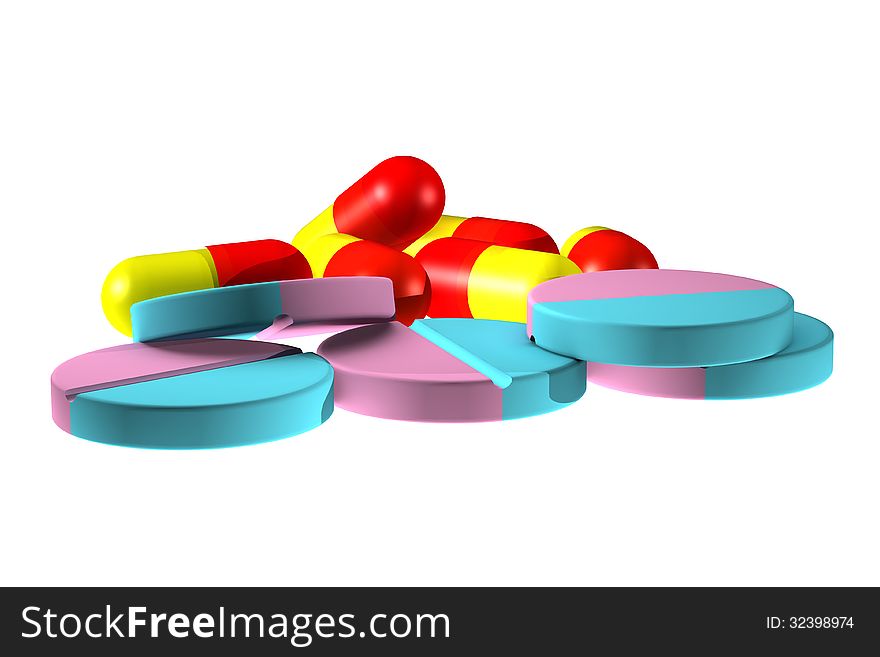 On white background 3D colors capsules and pills. On white background 3D colors capsules and pills