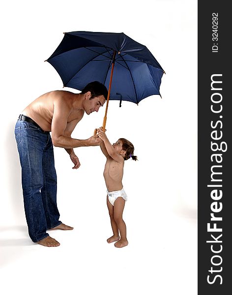 Picture of happy family - father with daughter under umbrella