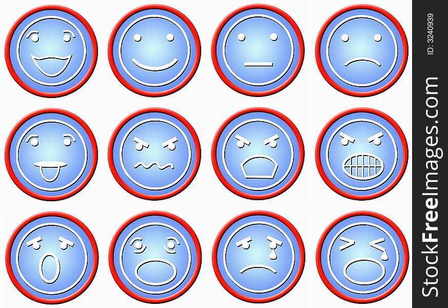 Twelve plastic red-blue buttons with faces in different mimics. Twelve plastic red-blue buttons with faces in different mimics