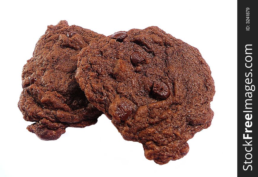 2 double chocolate chip cookies isolated on a white background.