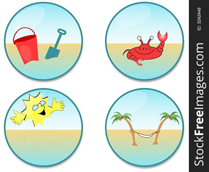 Round beach scene clip-art, crab,pail,palm trees and sun. Round beach scene clip-art, crab,pail,palm trees and sun.
