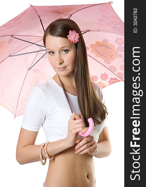 Young girl with umbrella. Isoalte on white.