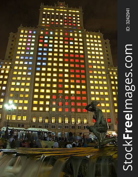 The Colorful Edificio EspaÃ±a display with fountain in foreground. Images from the Noche En Blanco / White Night festival in Madrid, Spain 2007.