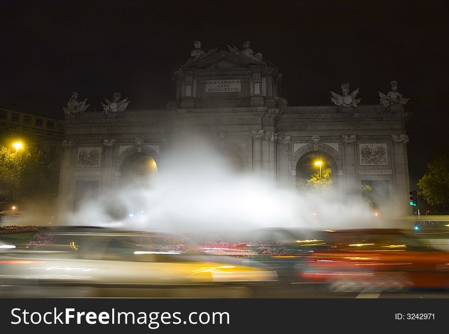 The Puerta de Alcala with artificial cloud art display. Images from the Noche En Blanco / White Night festival in Madrid, Spain 2007.