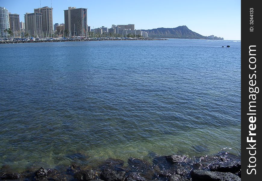 View of Diamond Head from Ala Moana Beach Park. View of Diamond Head from Ala Moana Beach Park