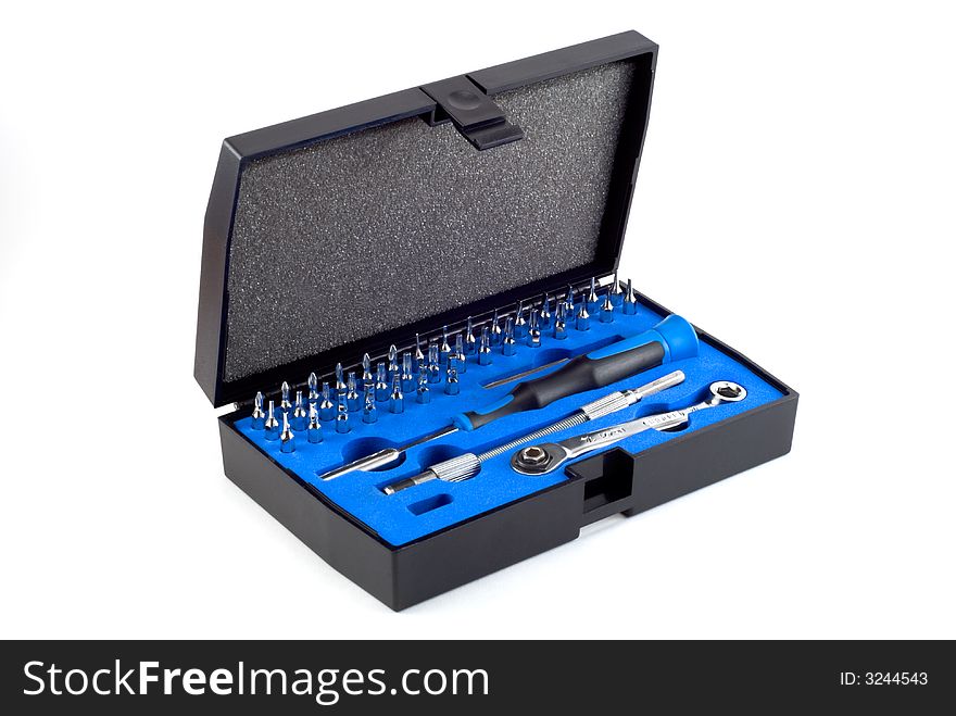 The tool kit with an open cover is photographed on a white background