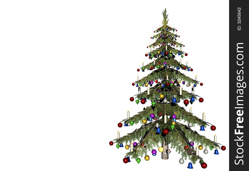 Traditional decorated Christmas Tree with copy space added.  3 Dimensional model, computer generated image.