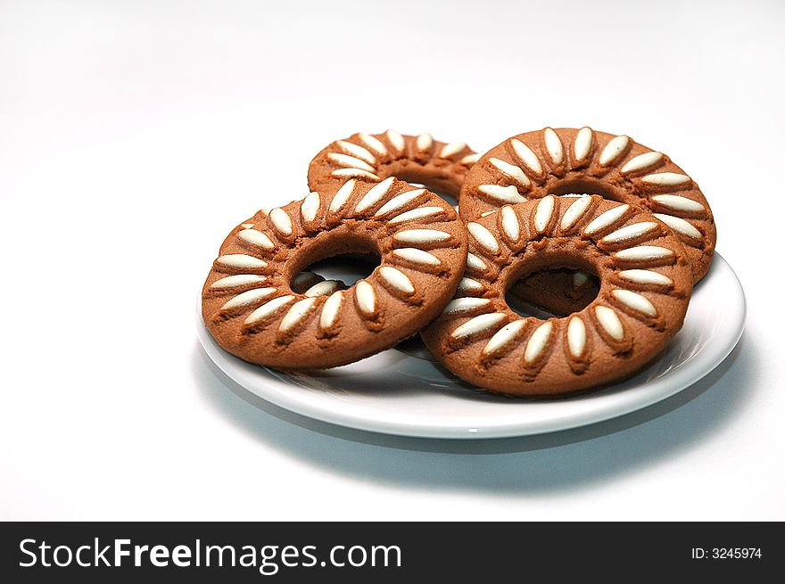 Chocolate biscuits against white background