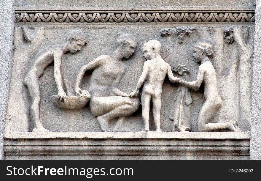 The basrelief family scene from a 19th century buliding in Zagreb, Croatia