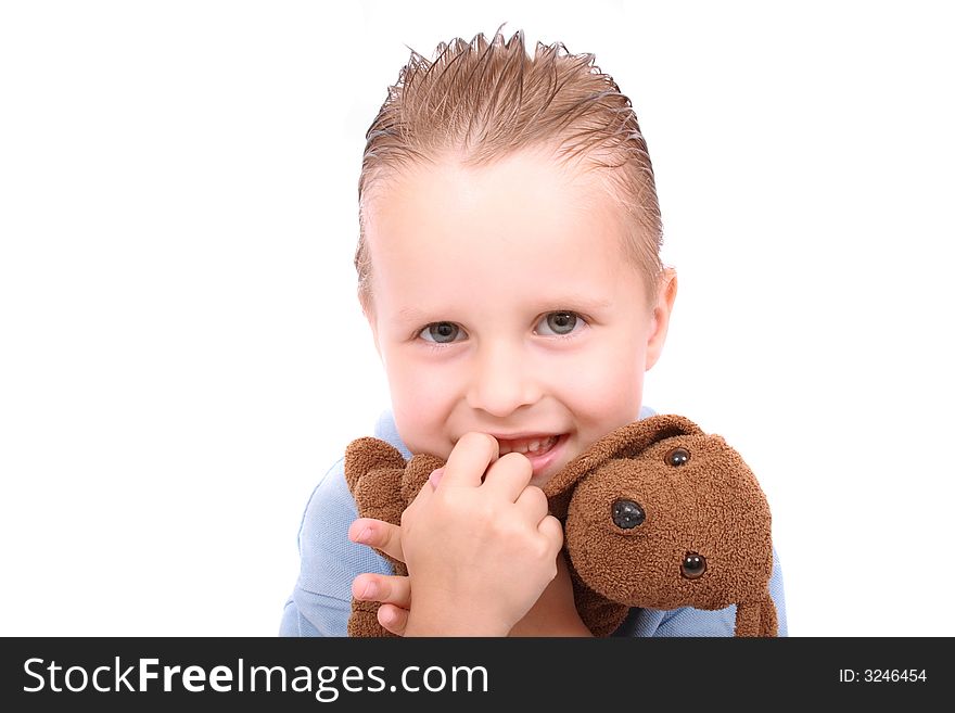 Boy and his toy (dog) on the white background