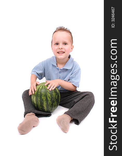 Boy and the water melon on the white background