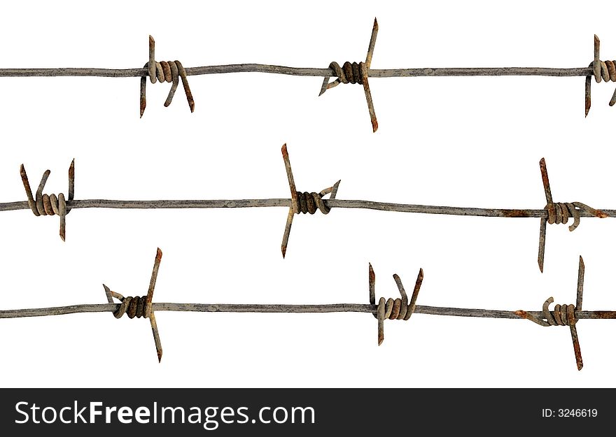 Three of some an iron wire with sharp thorns on a pure white background. Three of some an iron wire with sharp thorns on a pure white background.