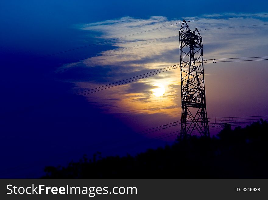 Electricity facilities with the sunset in Chongqing,China