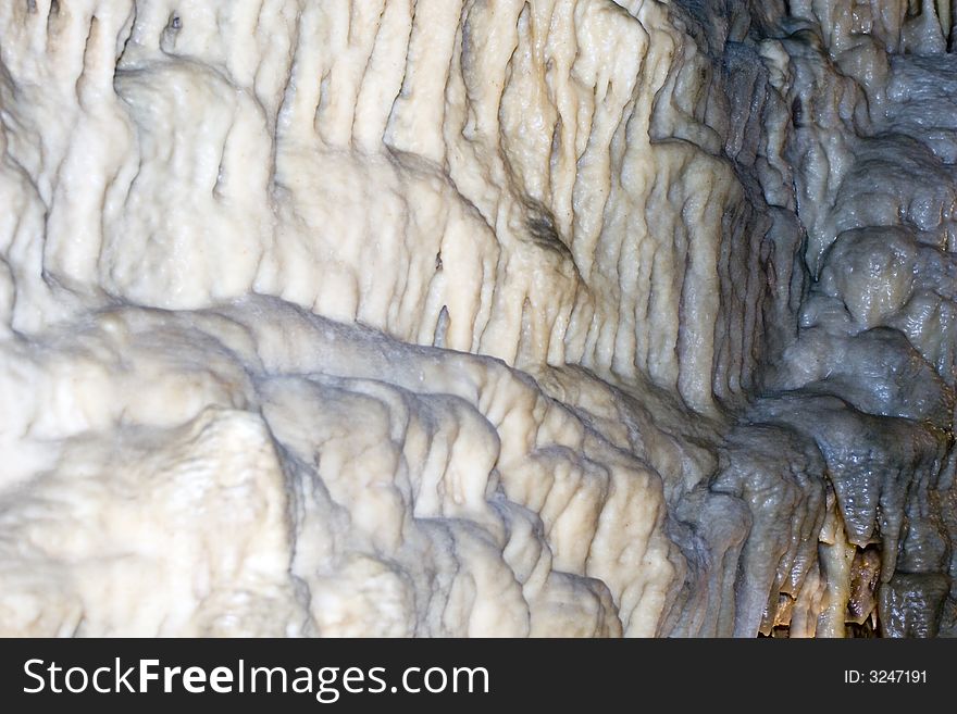 White calcite appears to drip down and cover the walls in Smoke Hole Caverns, WV. White calcite appears to drip down and cover the walls in Smoke Hole Caverns, WV.