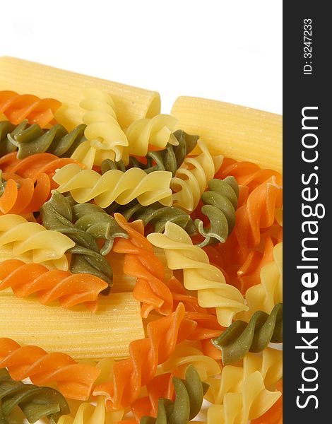 Colorful pasta, Rigatoni , white background