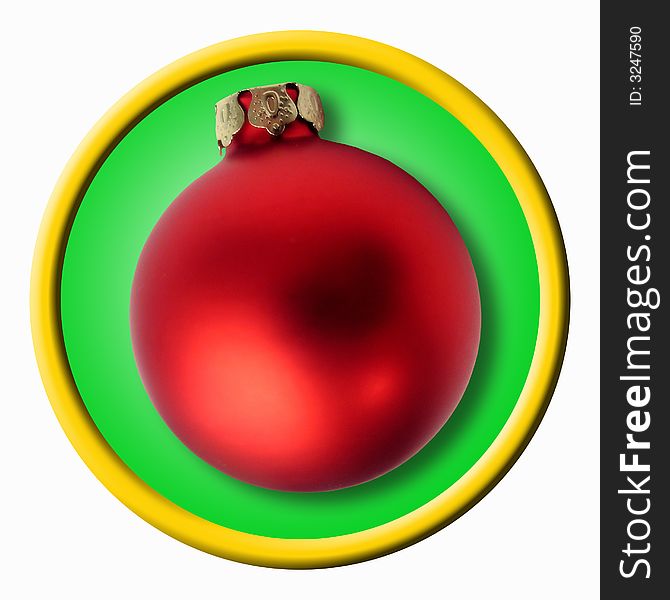 Red christmas ball on a green plastic plate with golden border