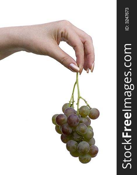 Hand with grape on white background