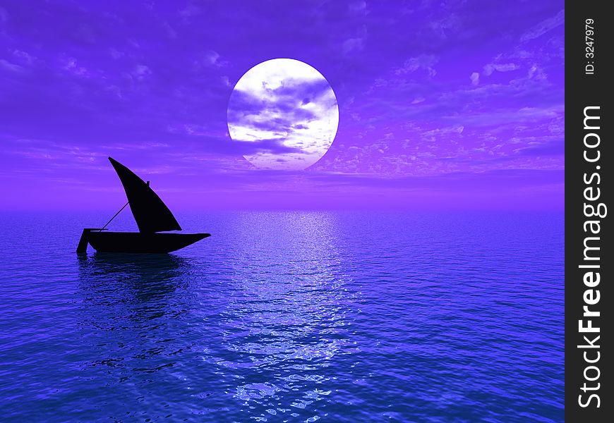 Small boat and  sunset  sky - 3d landscape scene .