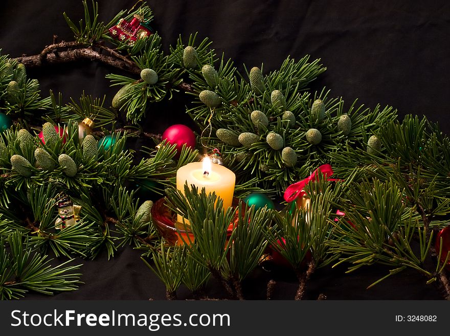 Christmas tree, candles, balls and toys. Christmas tree, candles, balls and toys