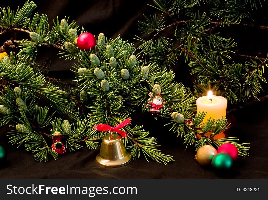 Christmas tree, candles, balls and toys. Christmas tree, candles, balls and toys