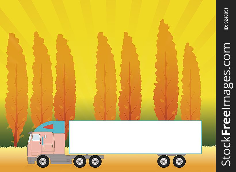 Truck in an autumn landscape. Space on the truck for adding text.