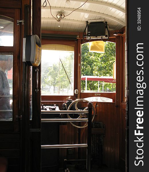 Driver's cabin of an old electric car. Driver's cabin of an old electric car